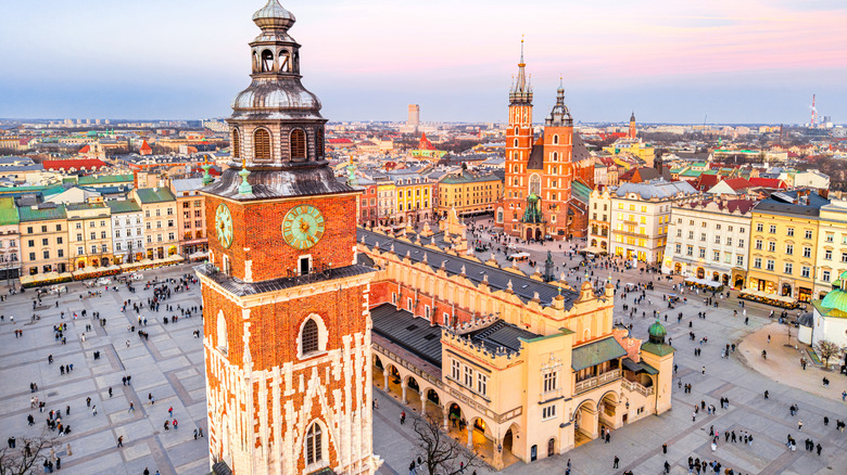 Aerial view of the Main Market Square in the Old Town of Krakow