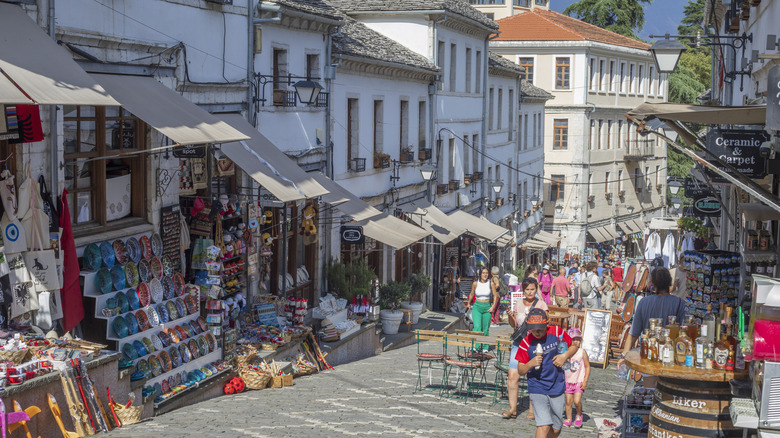 tourists on busy street in Albania