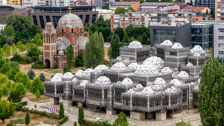 The white domes of the national library with the Serbian cathedral in the background