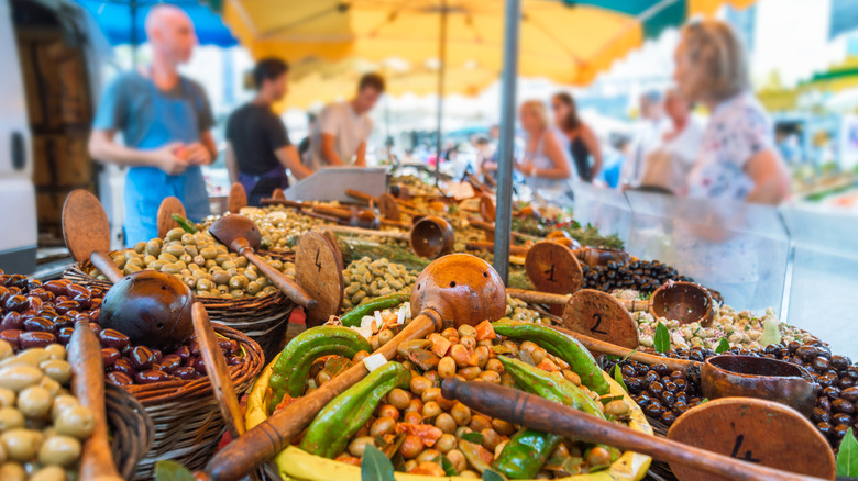 Olives on display at a street farmers market in Provence, France.
