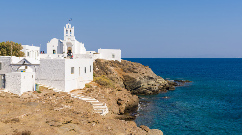 The white Chrissopigi Monastery on the island of Sifnos in the Mediterranean