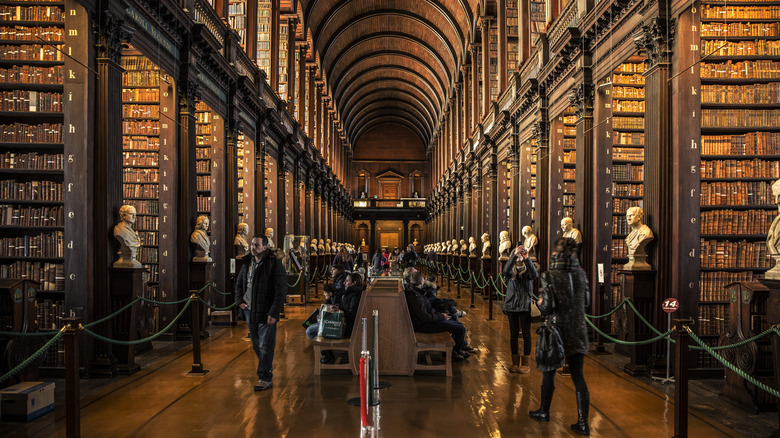 Rows of books in the historic Long Room library in Trinity College, Dublin