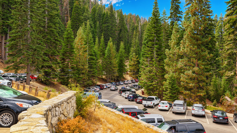a full parking lot at Glacier Point in Yosemite National Park