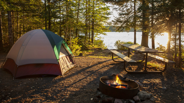 campsite on a lake with a fire burning
