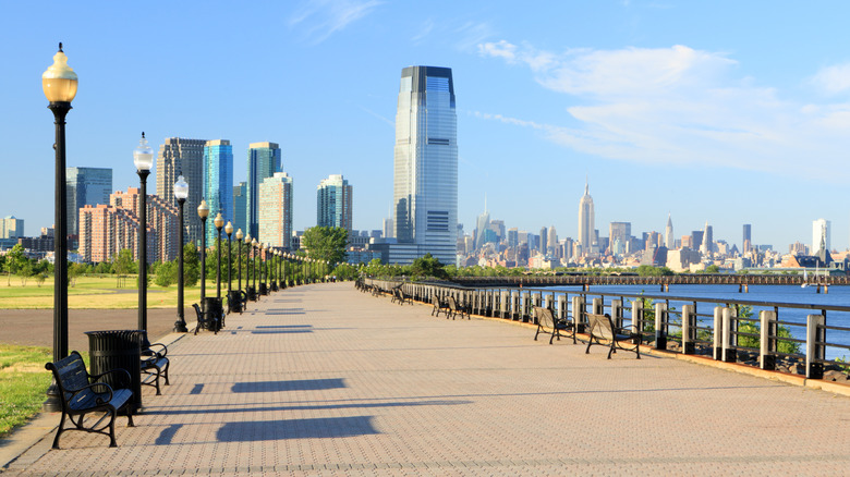 A boardwalk in Liberty State Park with tall buildings in the background.