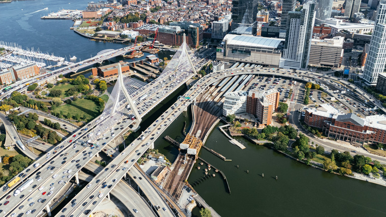 An aerial view of the Zakim Bunker Hill Memorial Bridge in Boston.